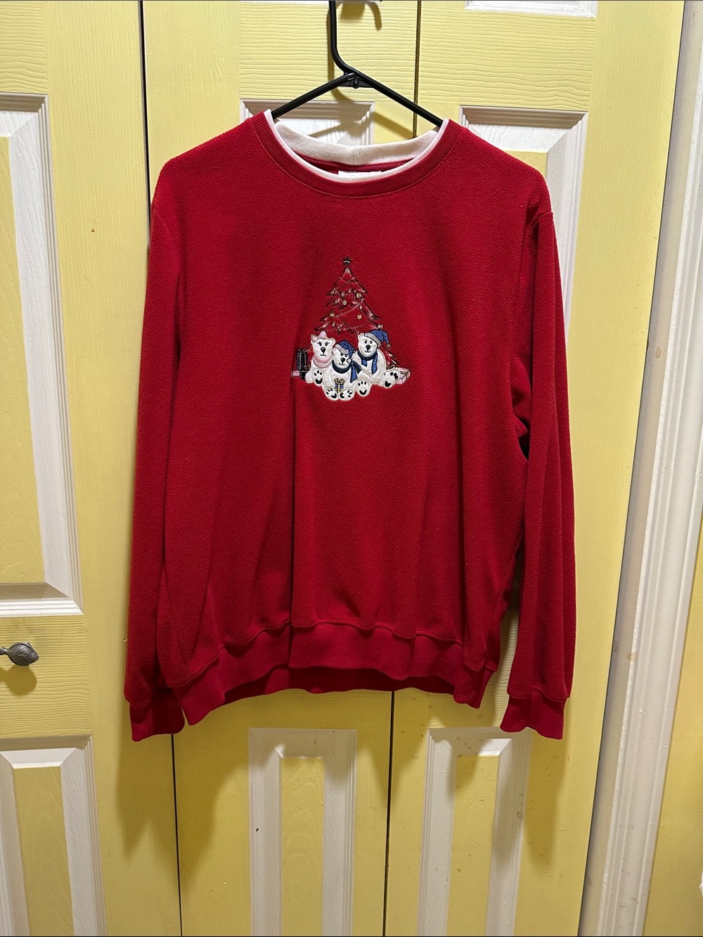 Red Holiday Crewneck Sweater with Festive Holiday Tree Polar Bear Design